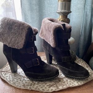 Like new, Sofft, suede booties, heels, slip on/buckle closure, 8.5